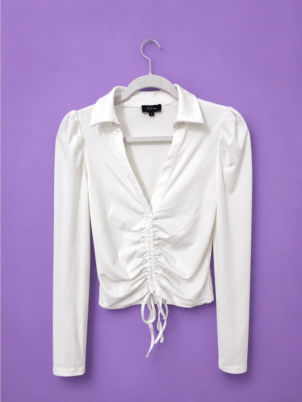 Woman’s Ruched Front Collared Long Sleeve Crop Top Puff Shoulders.